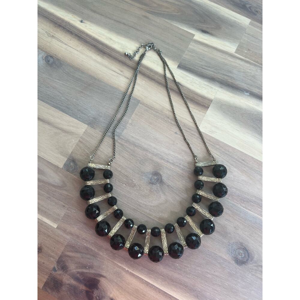 Vintage Black and Gold Tone Necklace Two Strands with Rondelle Beads - Picture 2 of 5